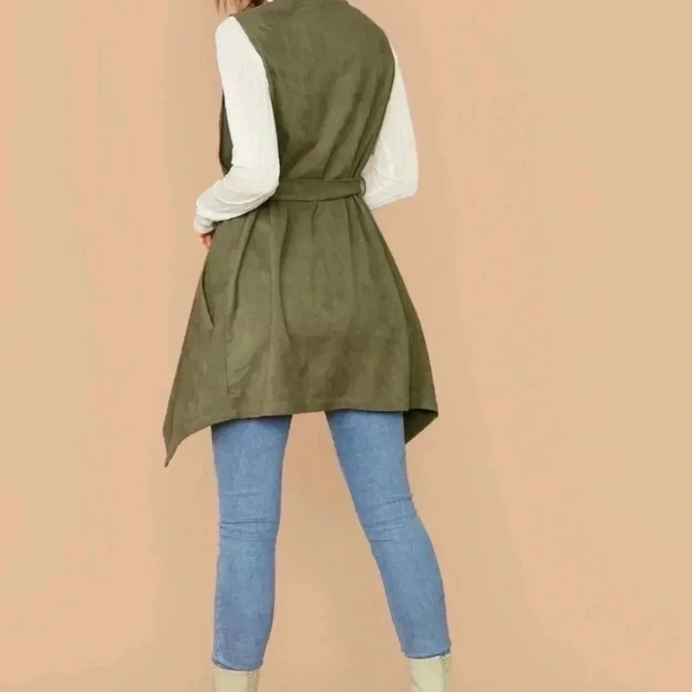 Waterfall collar self Belted asymmetrical hem vest